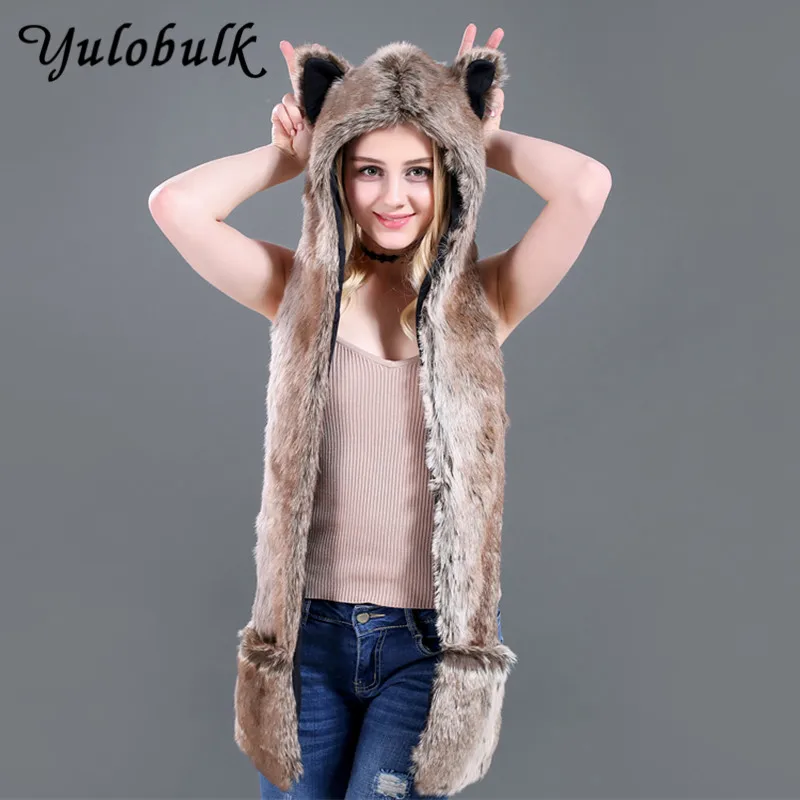 

Winter Faux Fur Hat Fluffy Plush Animal Cap Women Men Hooded Scarf Winter Hat and Scarf Set Woman's Wolf Scarf Hat Claw Gloves