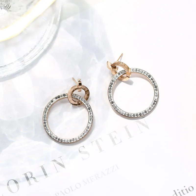 YUN RUO, модные женские серьги-гвоздики с римскими цифрами и кристаллами, розовое золото, титановая сталь, ювелирные изделия, подарок на день рождения для девушек, не выцветает