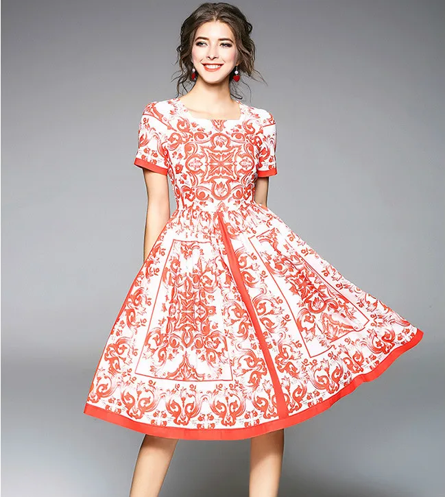 

2018 Spring European Style Short Sleeve Women Dress Printed Elegant Female Long Party Big Sweep Dresses