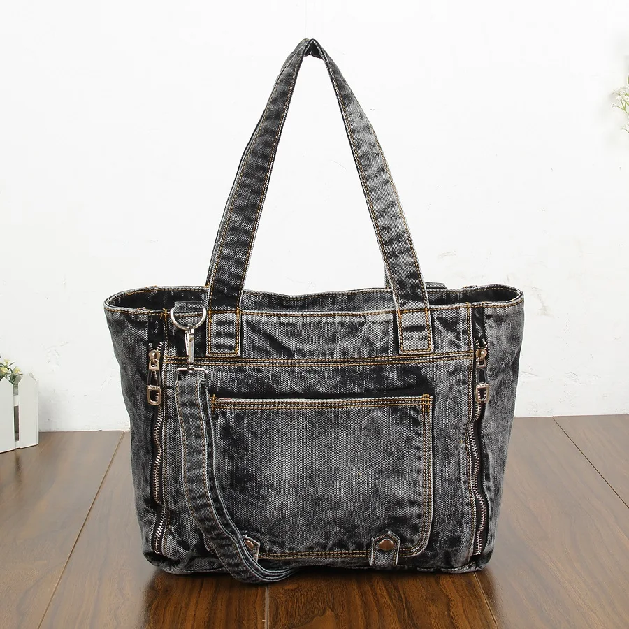 Casual Fashion Zipper Trendy Design Denim wash Vintage Women Tote Bags Lady Handbags Jeans Denim
