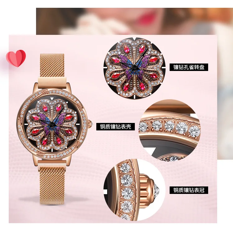 Женские часы с вращающимся колесом павлина, японские кварцевые женские часы с механизмом, розовое золото, водонепроницаемые женские часы, стразы, подарок для девушек