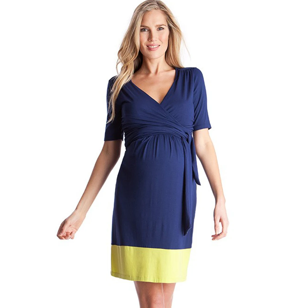 Fashion Summer Lycra Nursing Maternity Dress Criss Cross Collar Knee