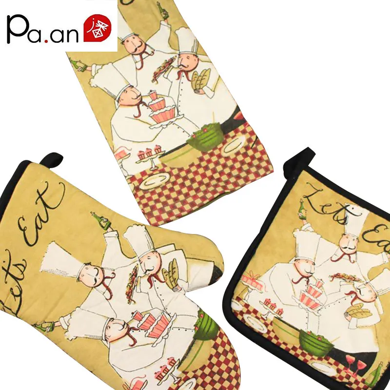 Popular 3pcs set cook printing bakeware textile kitchen baking towel insulated gloves set for Christmas decoration