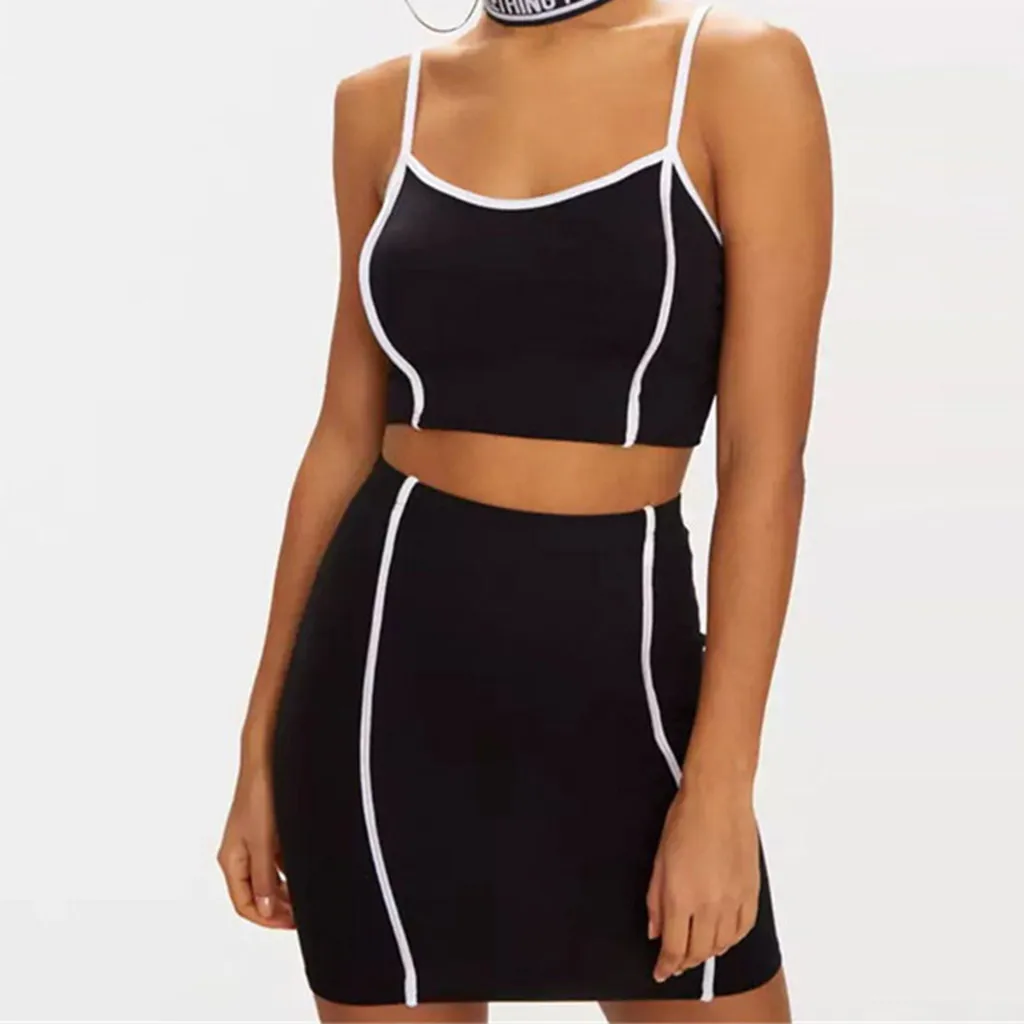 

Bodycon 2 piece outfits for women elegant Crop Top and Skirt Tank Top Party black women's suit two-piece summer conjunto#G9