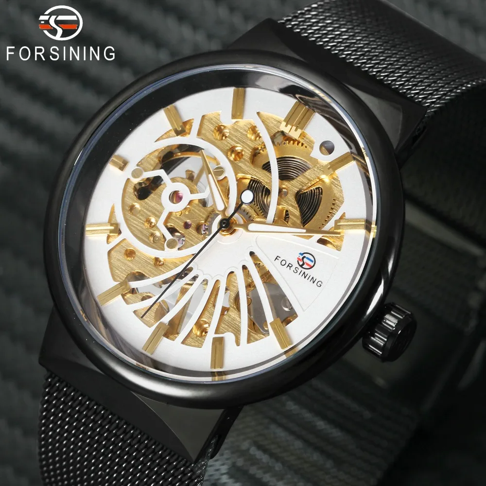 

FORSINING 2019 New Fashion Mechanical Mens Watches Top Brand Luxury Skeleton Golden Dial Mesh Strap Fashion Dress Wristwatch