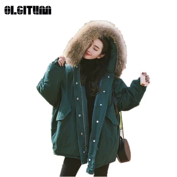 

OLGITUM New 2020 Winter Warm Solid Color Jacket Women Loose Long Thickened Cotton Coat CC875