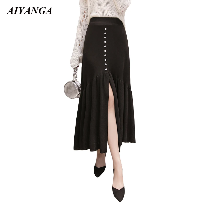 

Medium Long Knitted Skirts Women Autumn Skirts 2018 Elasticity Elastic Waist Solid Black Split Hem Chic Elegant Ladies Skirt
