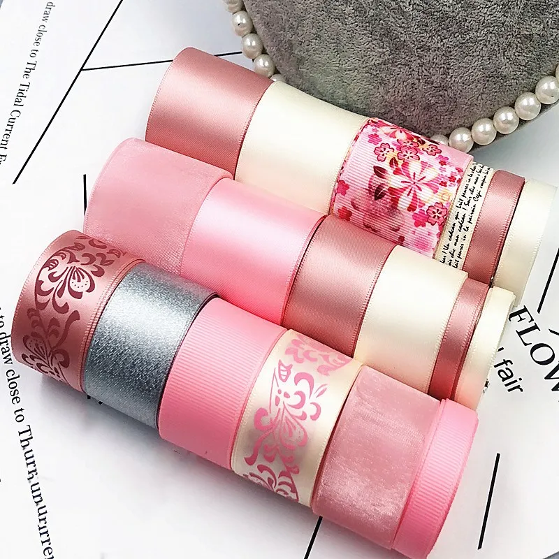 

High Quality Pink Printrd Grosgrain Ribbon Set Hair Accessory Material Bow Hairpin Cotton Lace Ribbons Webbing Tape