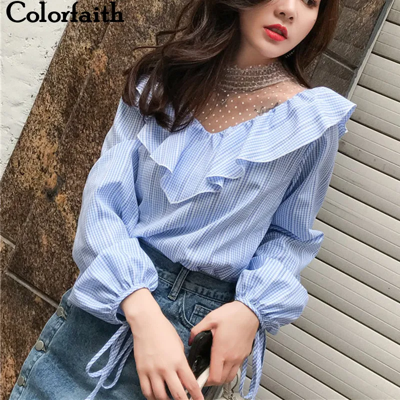 

Colorfaith New Women Blouses & Shirts 2019 Spring Summer Ladies Fashion Patchwork Lace Lantern Sleeve Striped Tops shirt BL359