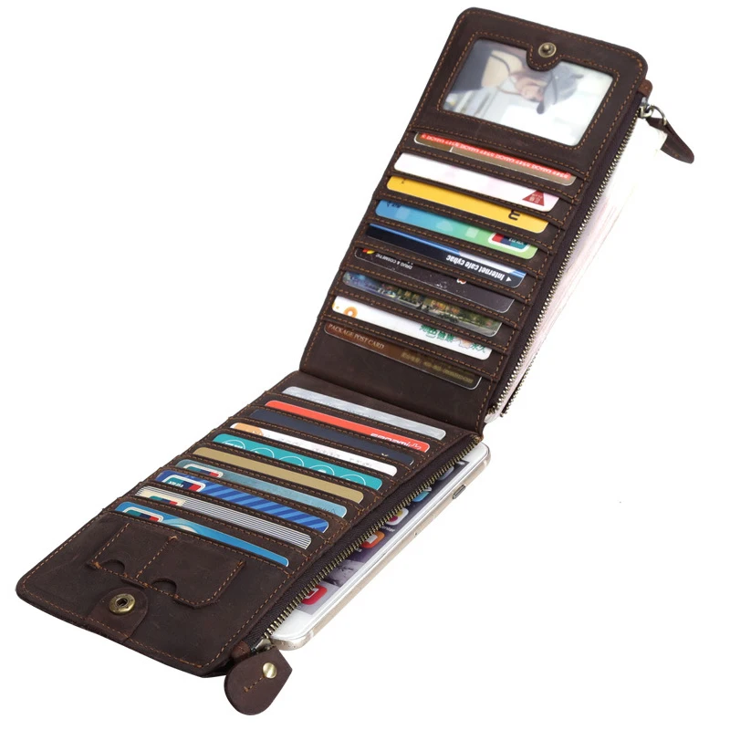 19 Multi Card Holder Portable Men's Long Wallet Crazy Horse Purse