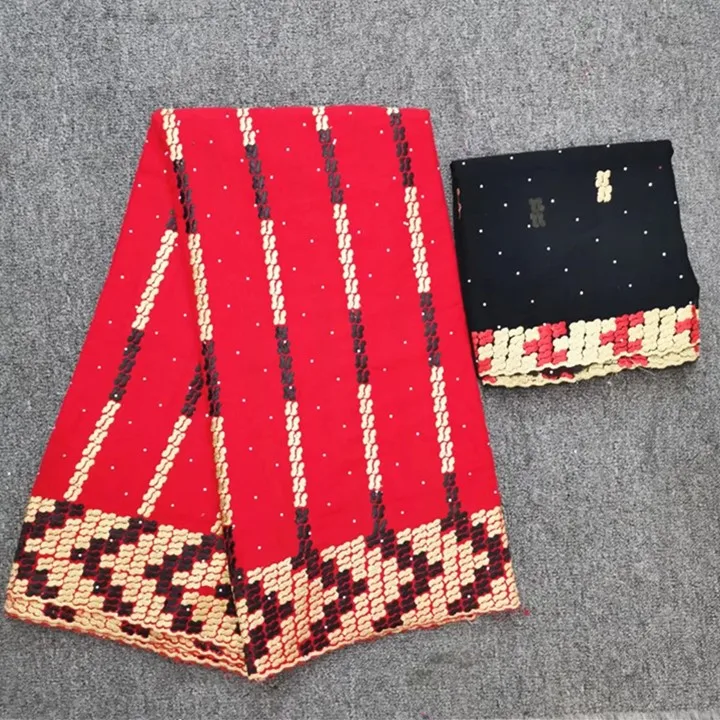 

5Yards Gorgeous red african cotton fabric embroidery with rhinestone and 2yards french red net lace set for dress HC13-1