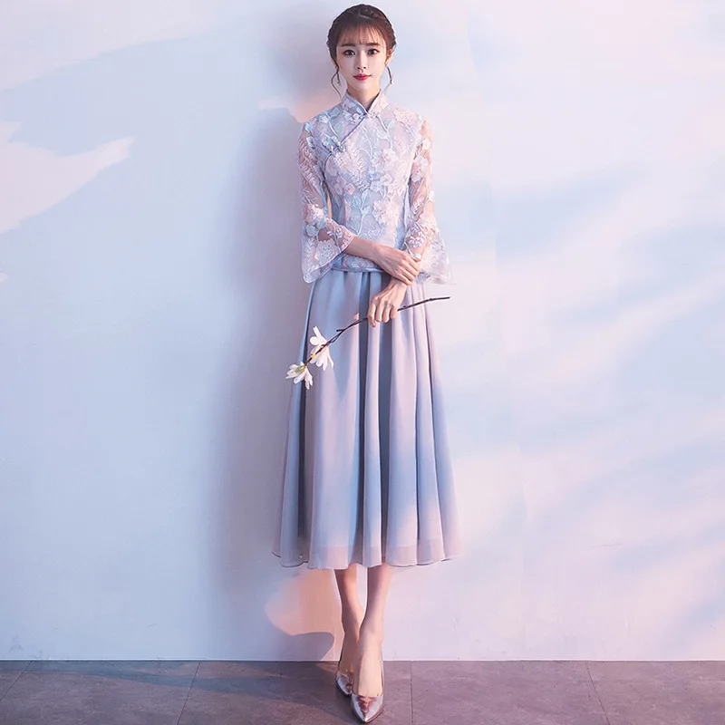 Bridesmaid dress Female 2020 new summer middle long gray retro fairy temperament Chinese style bridesmaid dress evening dress