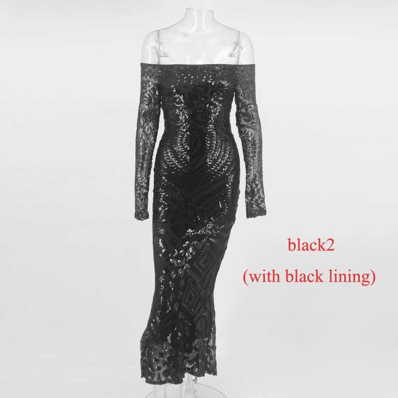 NATTEMAID зимнее черное длинное платье макси с открытыми плечами элегантное Сетчатое облегающее платье с пайетками Женские зимние сексуальные платья для вечеринок Vestidos - Цвет: Black2
