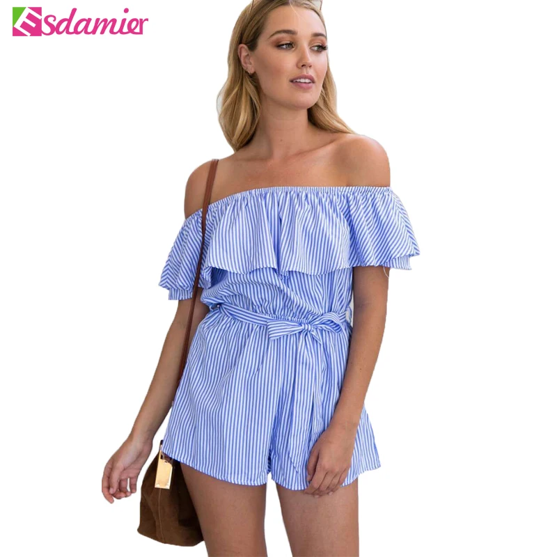 Summer 2017 Stripe Ruffle Overalls Off Shoulder Jumpsuit Casual Combinaison Femme Slash Neck Romper Body Overalls For Women Body : image Summer 2017 Stripe Ruffle Overalls Off Shoulder Jumpsuit Casual Combinaison Femme Slash Neck Romper Body Overalls For Women Body