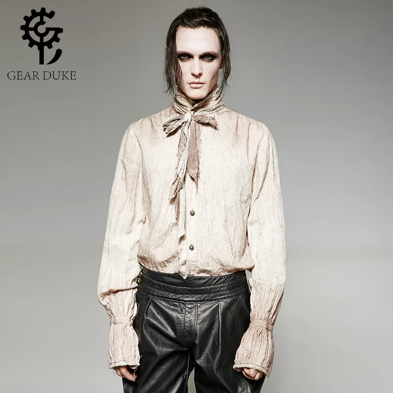 

Steampunk Men's Tie Shirts Gothic Retro Causal Stand-Up Collar Shirts Vintage Painting Breathable Linen Shabby Fold Shirt