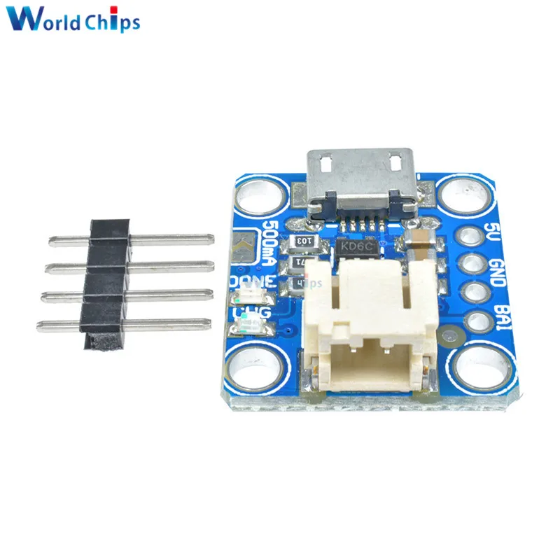 Chargeur Micro-Lipo 3.7V 4.2V 100mA USB Micro-B montrant les pads de soudure et composants.