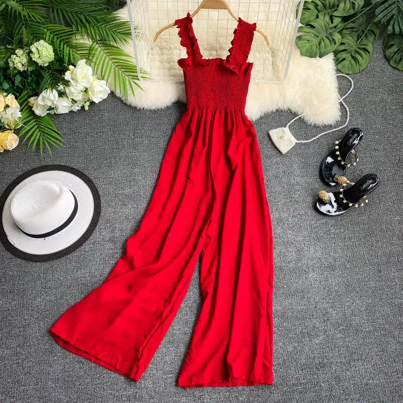 

Elegant Chiffon Women Long Jumpsuit Sexy Wide Leg Casual Jumpsuit Romper Solid Summer Casual Overalls 2019 Ladies Rompers Female