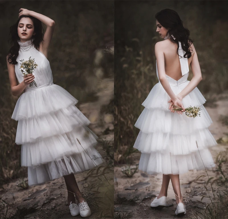 

Country Boho Wedding Dress 2019 New Sleeveless Backless A line Style Bride Gowns Halter Neck Tea Length Beach Vestido de noiva