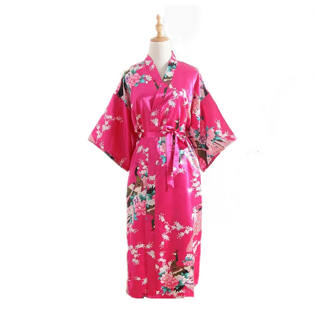 15Color Women Japanese Style Kimono Yukata Sleep Wear Peacock Satin ...