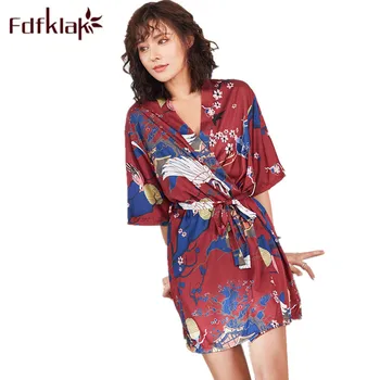 

M-XXL Plus Size Robe Wine Red Women's Robes Silk Bathrobe Wedding Dressing Gown Night Robe 2019 Summer Print Sleepwear Fdfklak