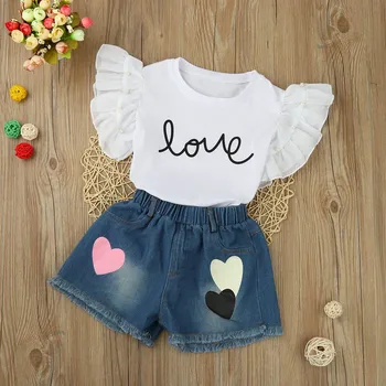 

Toddler Kids Baby Girl Outfit Clothes Sets Letter T Shirt Tops+Demin Shorts Pants girl clothing teenagechildren clothing set