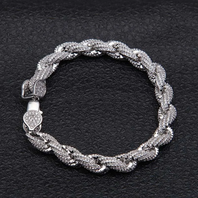 

Hip Hop Zircon Twist Chain Bracelet for Men Twisted Rope Chain Silver Color Micro Inlay AAA Zircon Men's Bracelet Jewelry