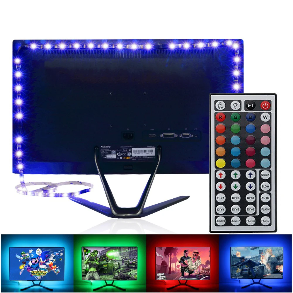 #cheap LED TV RGB Strip Light SMD 5050 DC 5V USB Power Supply LED Tape Ribbon PC Backlight TV Background Decor Lamp With 44 Key Remote