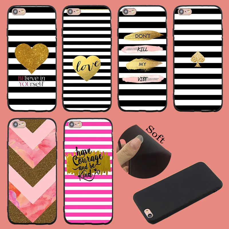

Sping Lemon For iPhone 7 Case Cute Stripes Pink Girls Golden Heart Love Text Print Soft TPU Case For iPhone 6 6s 6plus 7plus 5 X
