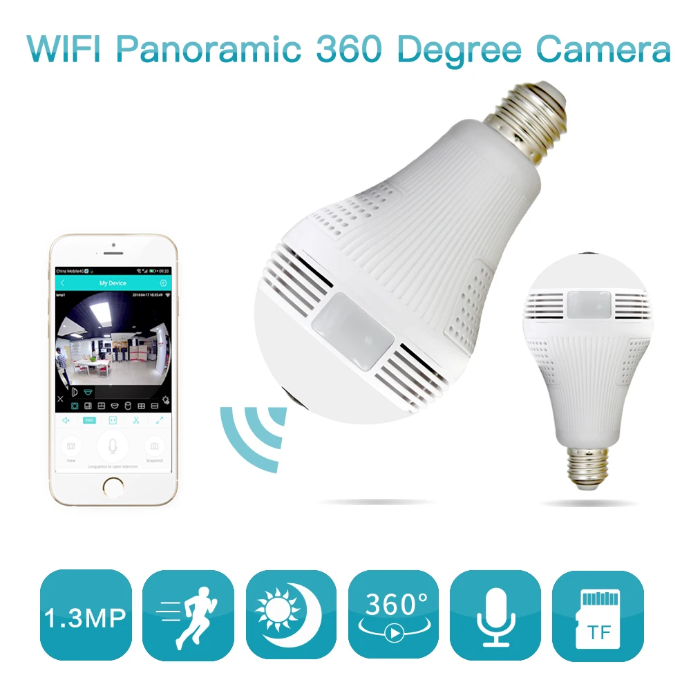 

Bulb Lamp Wireless IP Camera Wifi 960P Panoramic FishEye Home Security CCTV Camera 360 Degree Night Vision Max Support 128GB