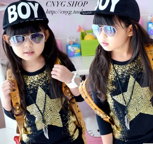 2013 New Arrival Free Shipping Children Autumn Long Sleeve T shirt Girls Gold Star Fashion 5pcs/lot | Мать и ребенок
