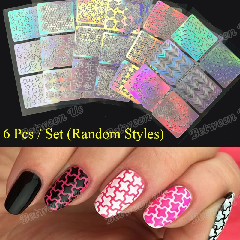 

New 6Pcs/Sst New Nail Vinyls Hollow Irregular Grid Stencil Multiple Use Nail Art Stencils Stickers Template Nail Art Tools