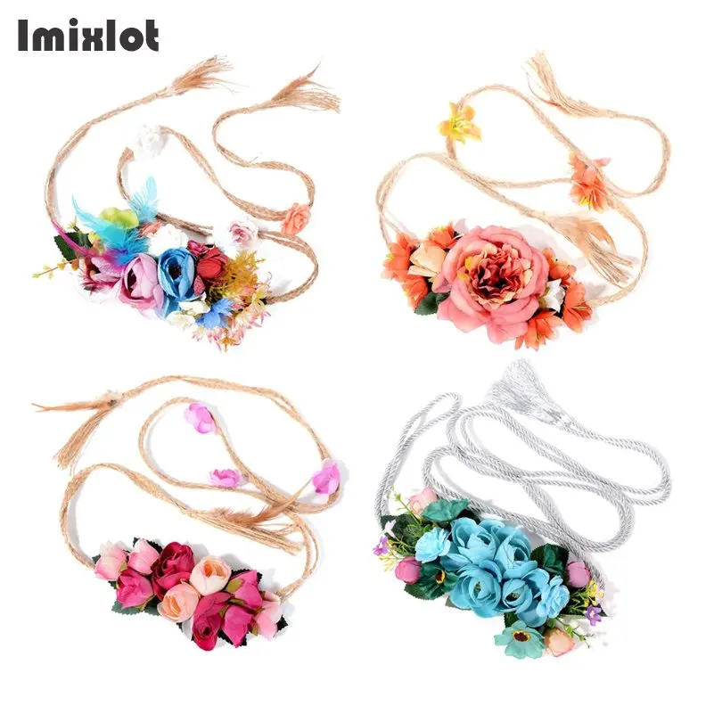 

Bohemia Style Artificial Flower Belt with Long Braid Rope Women Girls Wedding Sashes Floral Belt Women Dress Belts Accessories
