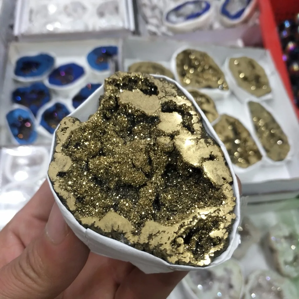 

Natural Agate Geode Slice Quartz Electroplated Cluster Crystal Points Brazilian Minerals Specimen Party Decoration