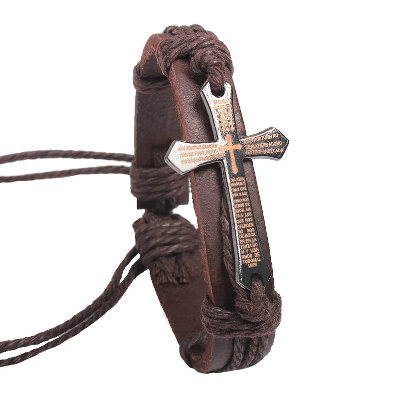 Kirykle панк стиль крест браслет кожаный браслет Выгравированный с Писанием браслет с изображением Иисуса регулируемые Винтажные Ювелирные изделия для мужчин