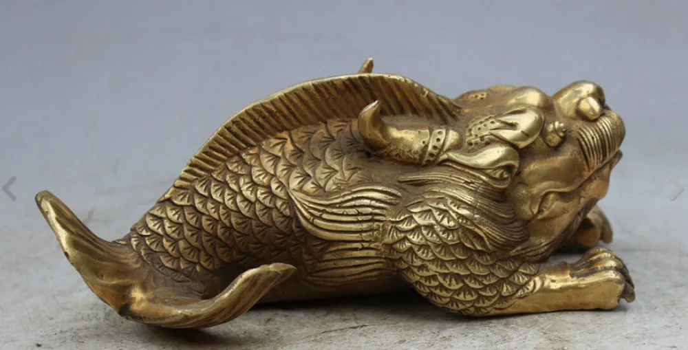 

8" China Chinese Brass Copper FengShui Myth Dragon Fish Beast Statue Sculpture