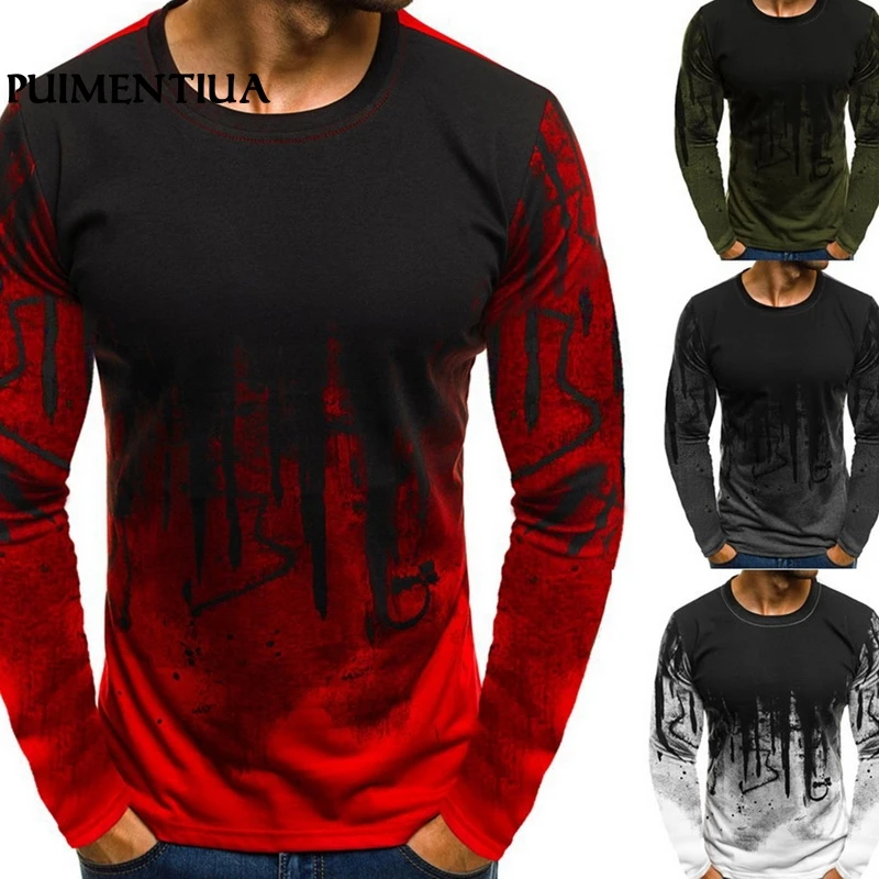 

Puimentiua 2019 Spring Men's Fashion Slim Fit T-shirt Camouflage Print O Neck Long-sleeved Tee Male Basic Casual Workout Tops