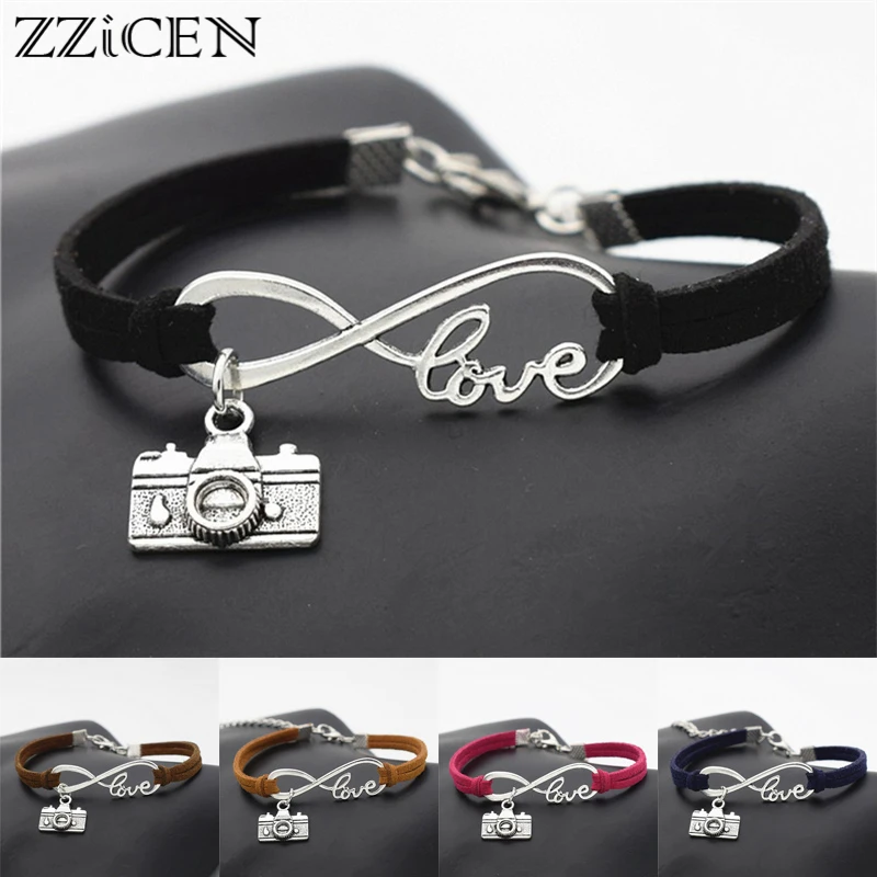 

Fashion Vintage Photograph Lover Infinity Love Antique Silver Camera Charms Pendant Leather Bracelets Gifts for Camera Jewelry