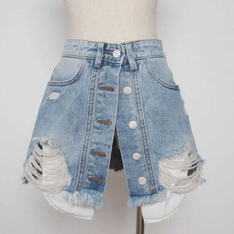 Hole Ripped Denim Skirt High Waist Irregular A line Mini Skirts Women