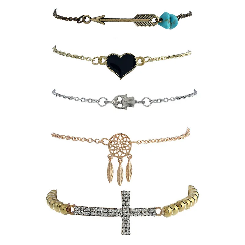 

5Pcs/Set New Fashion Jewelry Handmade Layer Cross Peach Arrow Beads Alloy Bracelets Set For Women Charm Bangle Wholesale