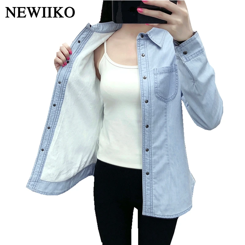  New Autumn winter women cotton flannel Warm thickening pocket long sleeve blouse Denim shirt casual