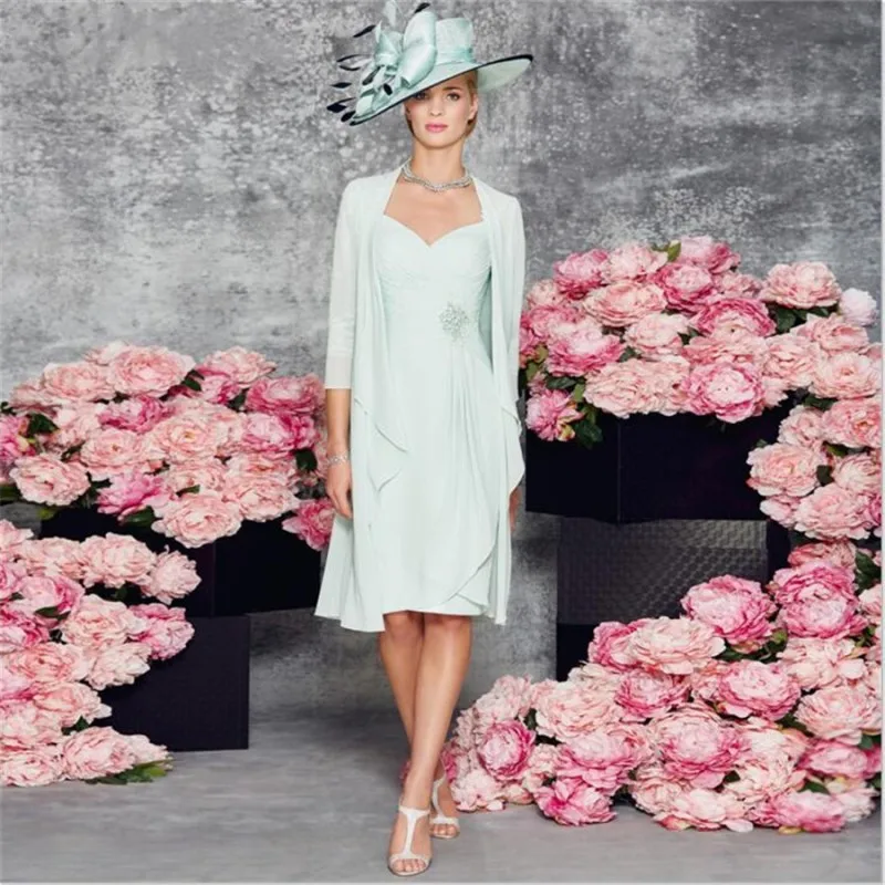 

Mint Mother Of The Bride Dresses With Jacket Half Sleeve Chiffon Applique Sheath Dress New Arrival 2017 Knee length Custom Made