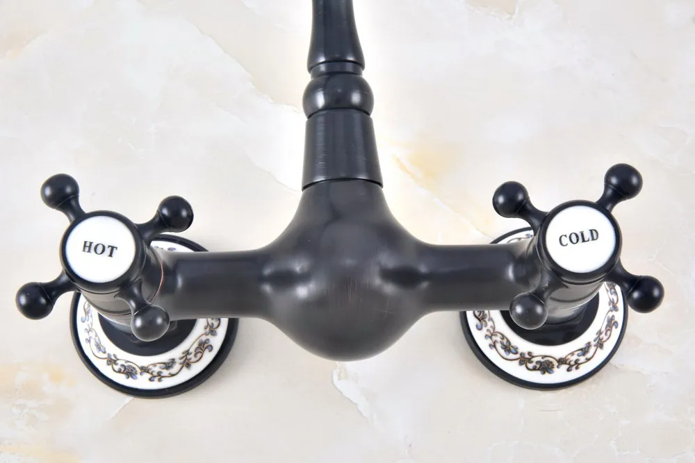 Black Oil Rubbed Bronze Brass Two Cross Handles Wall Mount Swivel Spout Kitchen & Bathroom Basin Sink Faucet Mixer Tap anf472