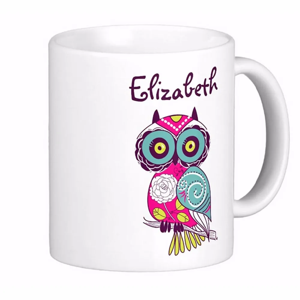 Colorful Ornate Floral Owl Custom Name White Coffee Mugs Tea Mug
