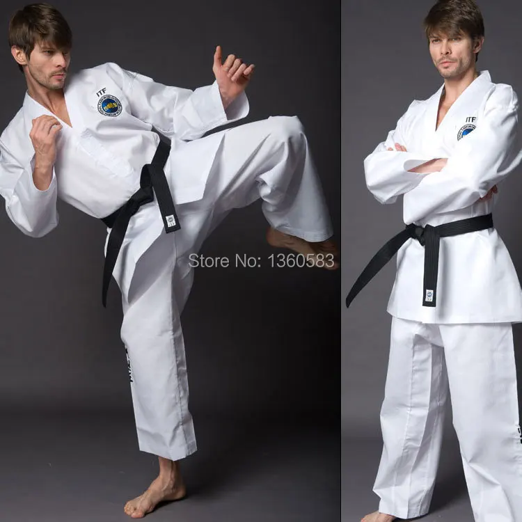 Белый взрослых тхэквондо Профессиональный Единой буквы печатные форма taekwondo мужские и женские добок тхэквондо ИТФ одежда костюм 