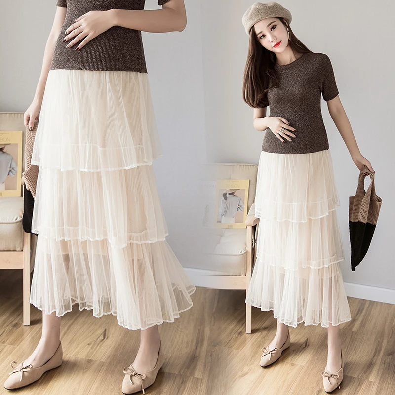 

6613# Sweet Gauze Patchwork Maternity Cake Skirts Elastic Waist Belly Skirts Clothes for Pregnant Women Spring Summer Pregnancy