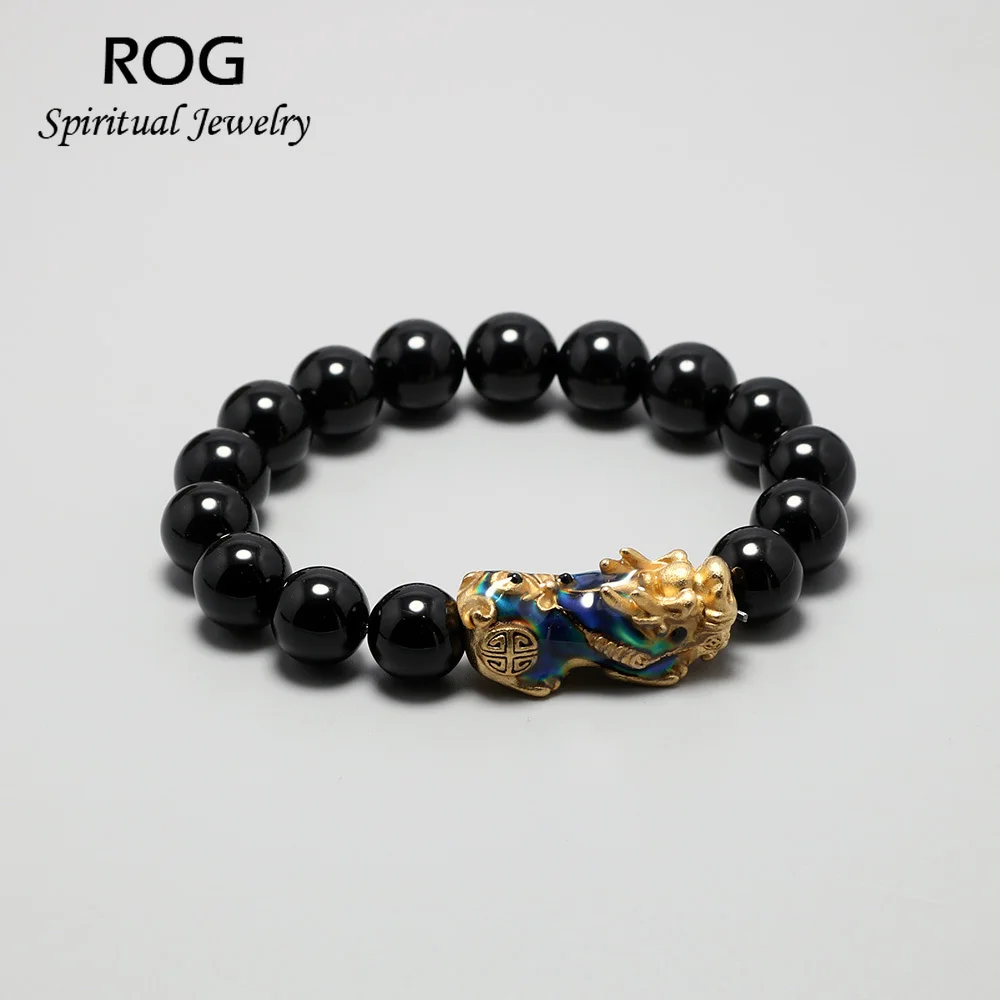 

Natural Black Obsidian Beads Mens Bracelet With Brave Troops Thermochromic Pixiu Strand Bracelets Crystal Jewelery