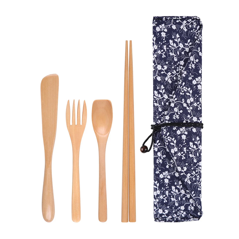 

Reusable With Cloth Bag Tableware Anti Dust Camping Spoon Fork Chopstick Japanese Style Picnic Utensil Travel Wooden Cutlery Set