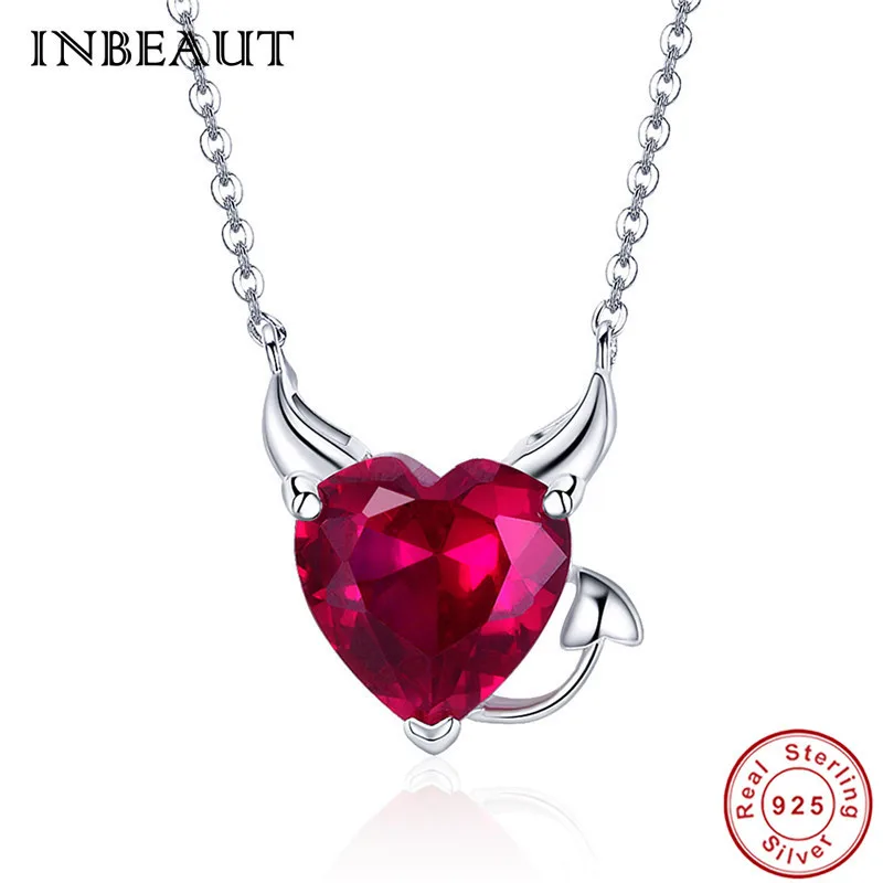 

INBEAUT Women Trendy S925 Wedding Necklaces 925 Sterling Silver Red Devil Horn Heart Zircon Pendant Neckalce Christmas Love Gift