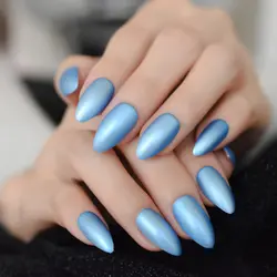 Полировка матового дизайна ногтей среднего миндаля небесно-голубые ногти искусственный акрил нажмите на ногти