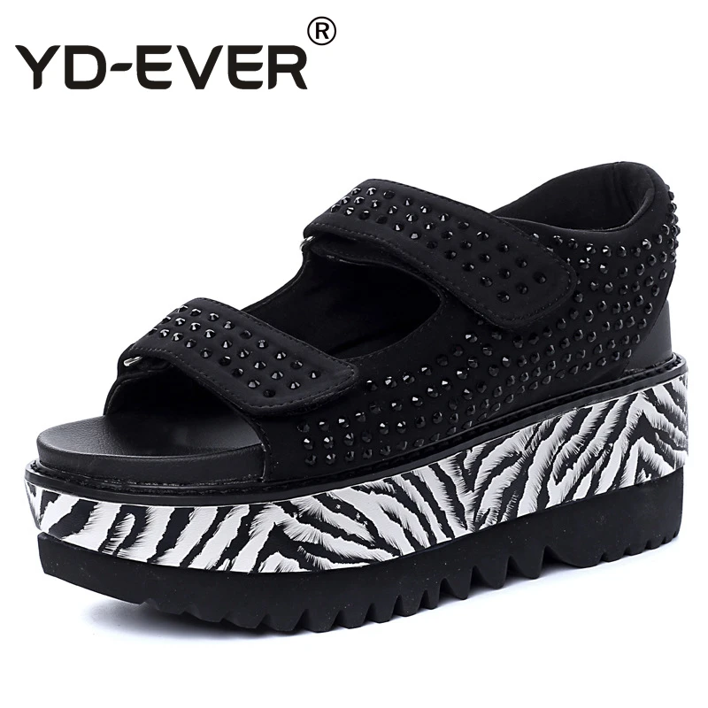 

YD-EVER diamond women sandals platform wedge shoes fashion super high heel summer beach sandals shiny zebra casual shoes